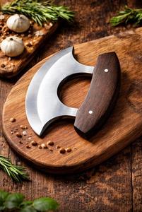 Hand Carved Stainless Steel Viking Style Pizza Cutter with Burnt Wood Handle Ulu Knife Design for Restaurant Use - Product Image 2