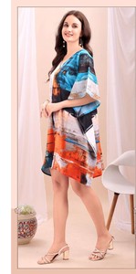 ANY Digital Printed Feather Polysilk Middle Eastern Loose Fit <b>Kaftan</b> <b>Summer</b> Casual Women's Maxi Short Sleeve - Product Image 3