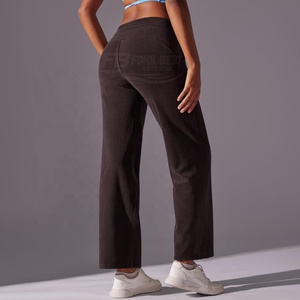 Pantalon de yoga pour femme, taille haute, côtelé, évasé, longueur cheville, avec poches, taille élastique, couleur unie, polyester/coton, respirant - Product Image 6