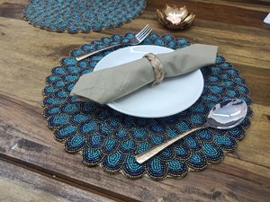 Mantel Individual de Tela Hecho a Mano con Forma de Flor, Diseño con Cuentas Azul Claro, Mantel Individual Glamuroso para Mesa, Juego Decorativo - Product Image 3