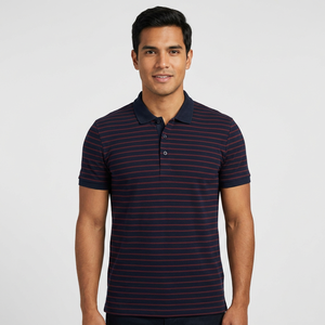 Polo de Punto a Rayas para Hombre, Manga Corta, Corte Regular Informal, Patrón Azul Marino y Rojo - Product Image 4