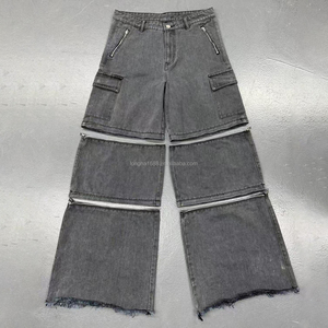 Pantalon cargo en jean délavé taille haute pour homme, coupe ample, jambe large, avec poches zippées, style utilitaire, en coton pour l'automne - Product Image 1