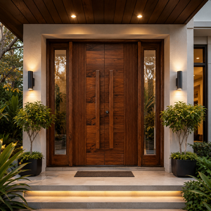 Puerta de Entrada Doble Clásica de Madera Sólida con Paneles Laterales de Vidrio, Diseño de Franjas Decorativas, Superficie Acabada, para Apartamentos GA-51S - Product Image 1