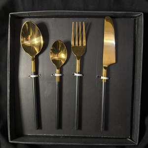 PVD Coated Gold Cutlery Stainless Steel Black Powder Coated Handle Set of 4 Luxury Rental <b>Wedding</b> Cutlery Dishwasher Safe - Product Image 4