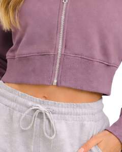 Sudadera con capucha corta con cremallera para mujer, de manga larga, informal, de forro polar suave, estilo urbano, color morado malva, para otoño e invierno - Product Image 6