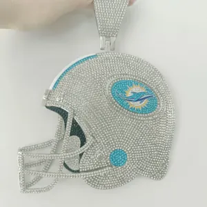 Colgante de Casco para Fanáticos del Deporte, Plata de Ley con Pavé de Diamantes de Imitación Redondos, Cadena de Eslabones, Joyería de Moda Hip Hop para Hombre, Amuleto de Delfines - Product Image 2