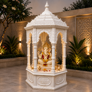 Premium Hand Carved White Marble <b>Mandir</b> Home Temple Traditional Pooja Mandap Intricate Floral Handicraft Asian Zen Design - Product Image 2
