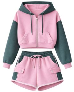 Conjunto de dos piezas casual para mujer, personalizado, con sudadera corta con cremallera y bloques de color rosa y verde oscuro, y pantalones cortos con bolsillos tipo cargo, al por mayor. - Product Image 1