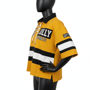 Maillot de rugby pour femme en coton lourd et polyester, double tricot, jaune et noir, avec empiècements rayés et logo personnalisé - Product Image 3