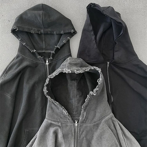 Sweat à capuche unisexe personnalisé 100% coton tissé avec fermeture éclair, effet vieilli, délavé à l'acide, teint uni, broderie 3D, impression flocage, séchage rapide, coupe ample - Product Image 4