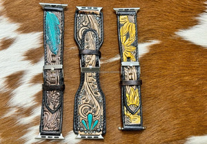 Handmade Custom Design Western Floral <b>Tooled</b> & Painted Leather Beautiful Turquoise <b>Flare</b> Watch Band Genuine Leather Watch Straps - Product Image 6