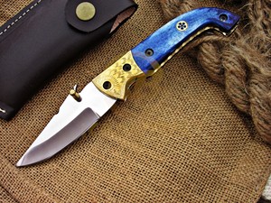 Cuchillo plegable de acero inoxidable con punta de cuchillo, mango de hueso azul, perilla para el pulgar, cuchillo de camping, cuchillo táctico de bolsillo DIY. - Product Image 4