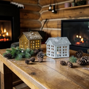 Metal House-Shaped Lanterns With Cutout Windows Vintage Christmas Decor Handicraft Holiday Lights - Product Image 6
