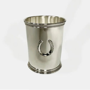 Tasse à Mint Julep en argent sterling pur, avec emblème fer à cheval distinctif et bordure perlée élégante, au meilleur prix - Product Image 2