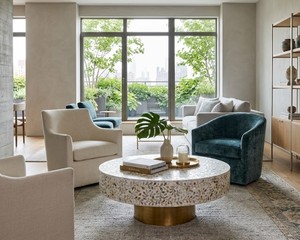 Handcrafted Modern <b>Round</b> Mother of Pearl Inlay Coffee <b>Table</b> with <b>Gold</b> Metal Base White Floral Mosaic Design for Home & Hotel Use - Product Image 5