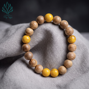 Bracelet élégant en bois d'agar perlé, forme ronde, bracelet en bois d'agar naturel vietnamien avec corail fossile jaune AL-SV-0027-10 Unisexe - Product Image 1