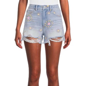 Shorts de mezclilla desgastados de cintura media para mujer, estilo casual de verano, impermeables, cortavientos, de secado rápido, con dobladillo deshilachado - Product Image 1