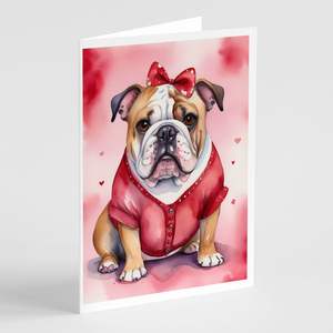 Whimsical A7 Tamaño 5x7 Bulldog inglés Tarjetas de felicitación del día de San Valentín Paquete de 8 tarjetas de nota en blanco con sobres - Product Image 1