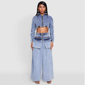 Wholesale Custom <b>Denim</b> <b>Cropped</b> Waterproof <b>Jacket</b> Zipper Closure Full Sleeve Turn-down Collar Utility Style Winter Autumn Women's - Product Image 5