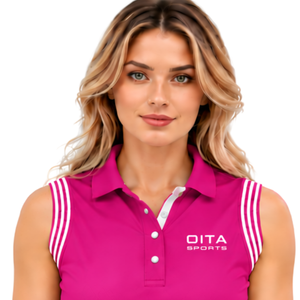 Polo sans manches fuchsia pour femme, col patchwork, coupe ajustée, pour l'équitation et l'entraînement, personnalisable, vente en gros, performance - Product Image 3