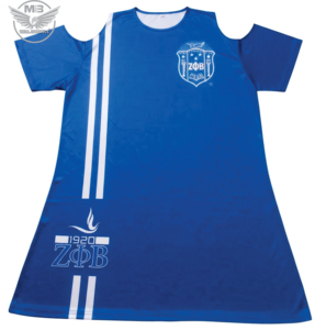 Vestido largo azul de manga corta para mujer desiZeta Phi Beta, cuello redondo, ajuste holgado, estampado por sublimación, hombros descubiertos - Product Image 1