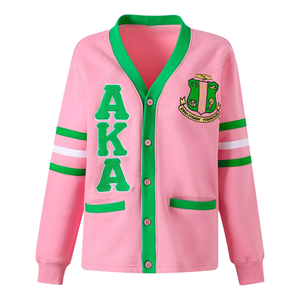 Cárdigan de Forro Polar AKA, Unisex, Color Rosa y Verde, con Botones al Frente, Estilo Universitario Informal Premium, Chaqueta Suéter en Color Rosa y Verde - Product Image 1