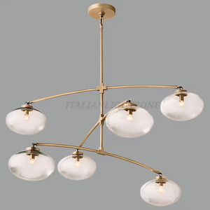 Premium 1950s Mid Century Modern Brass LED Chandelier 6 Metal <b>Shade</b> Adjustable Height <b>Ceiling</b> Pendant Vintage Style Home Fixture - Product Image 3