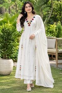 <b>White</b> Embroidered Long Sleeve Ethnic Cotton Kurta Set with Flared Hem V Neck <b>Sheer</b> Dupatta for Muslim Women Party Wear - Product Image 2