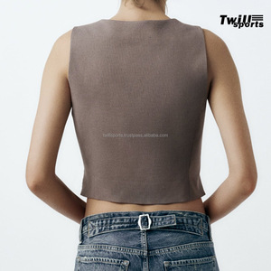 Top corto OEM para mujer, chaleco sin mangas, trajes elegantes de calle, botones, Color básico, algodón orgánico, lona transpirable - Product Image 6