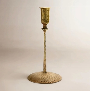 <b>Antique</b> Gold Textured <b>Brass</b> Finish Taper Candle Holder with Slim Stem and Broad Round Base for Vintage Tabletop Decor Accent - Product Image 1