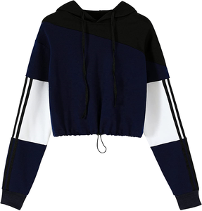 Sweat-shirt à capuche court à manches longues pour femme avec blocs de couleurs et cordon de serrage - Product Image 2