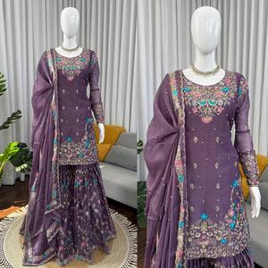 Traje Anarkali Sharara de Seda Bordada JMC para Mujer con Dupatta Bordada en 4 Lados, Colección Premium - Product Image 4