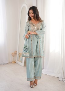 Premium H O <b>Fabrics</b> Real Mirror Embroidered Work Readymade Kurti-pant with Batwa TENNECY Party Style All Seasons - Product Image 6