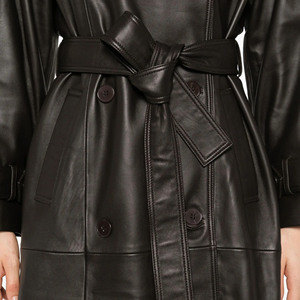 Factory Customized Women's Long Genuine Leather Trench Coat With Belt Double Breasted Notched Collar Full Sleeve Autumn Style - Product Image 5