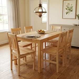 Ensemble de table à manger en teck massif avec 6 chaises à dossier à lattes, table rectangulaire, mobilier de cuisine moderne minimaliste, finition chêne naturel - Product Image 2