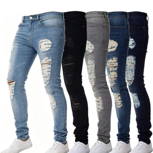 Jean en denim noir déchiré et délavé coupe droite pour homme, style décontracté automne, en coton respirant - Product Image 5