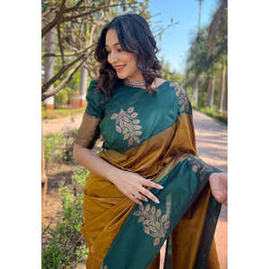 Luxor Gold Soft Silk Floral Border Saree with Zari Woven Contrast for <b>Club</b> <b>Dresses</b> - Product Image 2