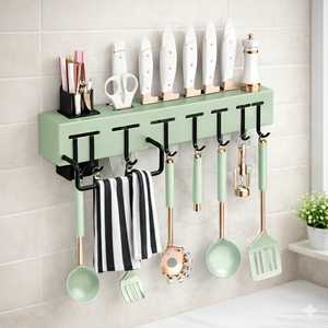 Wall-mounted Storage Organizer <b>Kitchen</b> Knife Spoon Utensils Wall-mounted <b>Holder</b> Rack with <b>Towel</b> Hanger - Product Image 1