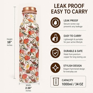 Vase à eau en cuivre pur à motifs de fleurs tropicales |   Bouteille en cuivre sans joint illustrée avec la flore des zones boisées - Product Image 2