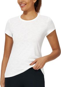 T-shirt blanc à manches courtes et col rond pour femme, couleur unie, style décontracté, 100 % coton, respirant, coupe ample, jersey - Product Image 5