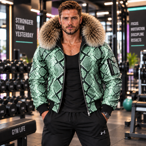 <b>Men's</b> Python Leather Zip Jacket with Luxurious Fur Hood Designer Streetwear <b>Coat</b> | Herren Lederjacke | Chaqueta Hombre Cuero - Product Image 5