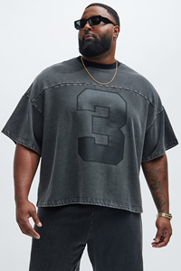 Men's Oversized Denim T-Shirt With Number 3 Print Short Sleeve O-Neck Street Style Cotton Washed Look And Customization For Men - Product Image 3