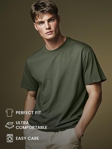 T-shirt décontracté pour homme en jersey de coton vert olive à manches courtes, coupe classique, col rond, respirant, couleur unie, tricoté - Product Image 3