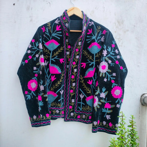 Premium Hand Embroidered Velvet Quilted <b>Jacket</b> Traditional Indian Suzani Style Women Luxury Black Floral Boho Coat Breathable - Product Image 1