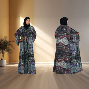 Abaya de Lino con Frente Abierto, Estampado Digital, Estilo Fluido y Modesto, Largo hasta el Suelo, Elegante, para Mujer, para Oración en Ramadán, Ligera - Product Image 2