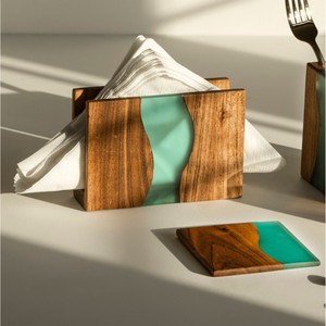 Wooden Tissue Box with Teal Resin Inlay Japandi Style Free <b>Standing</b> Organizer for Tabletop Use - Product Image 4