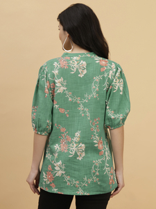 Chemise tendance pour femme, imprimé floral vert, coton, col mandarin, manches ballon trois quarts, boutonnée, décontractée et pour le bureau - Product Image 3