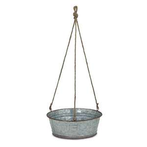 Corbeille suspendue vintage en métal galvanisé argenté, style antique gris, pour plantes, décoration de jardin et de porche, design géométrique et rustique - Product Image 4