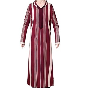Service OEM ODM en gros : Robe Abaya Maxi rayée bordeaux pour femme, col en V, manches longues, coupe ample, style islamique modeste, pour enfants - Product Image 1