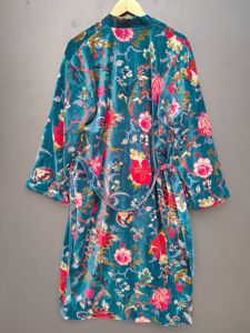 Bata de terciopelo con estampado floral para mujer, bata de baño de manga larga, tejido suave, ropa de dormir informal, estilo veraniego azul - Product Image 4
